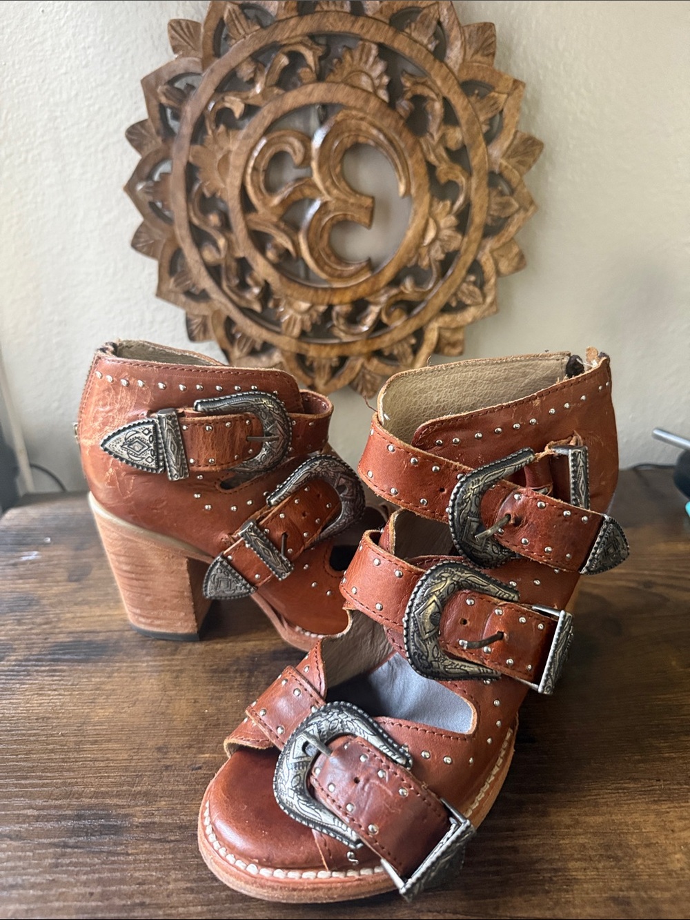 Freebies Studded Brown Leather Buckle Heels - Women